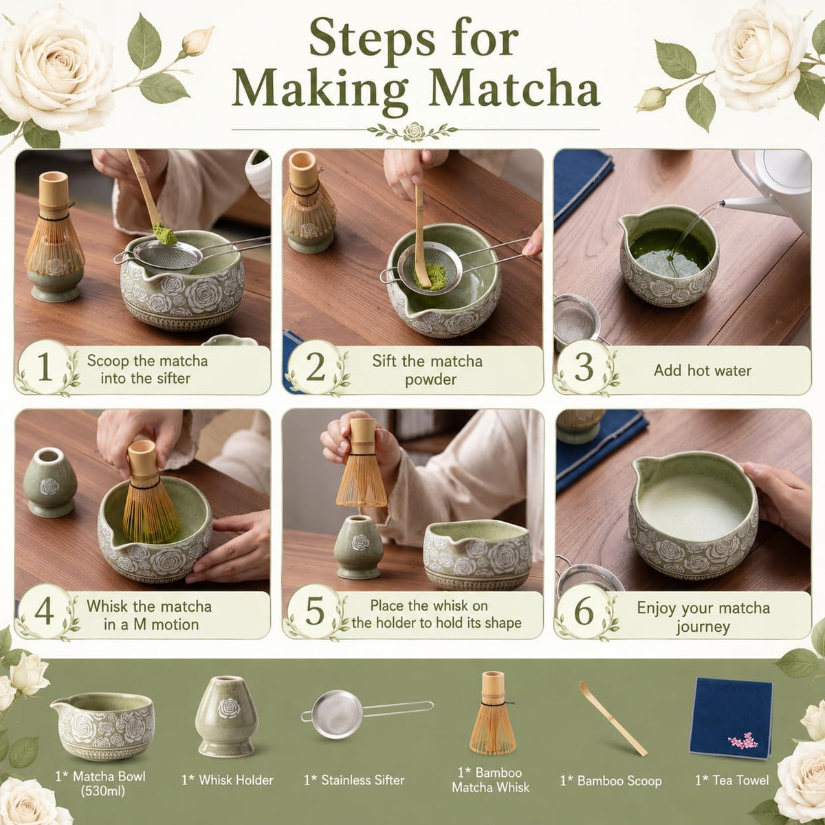 Matcha Whisk Set, Ceramic Matcha Kit Set with Bowl & Tools, Green