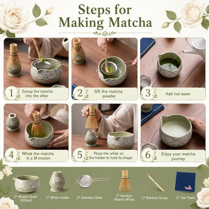 Matcha Whisk Set, Ceramic Matcha Kit Set with Bowl & Tools, Green