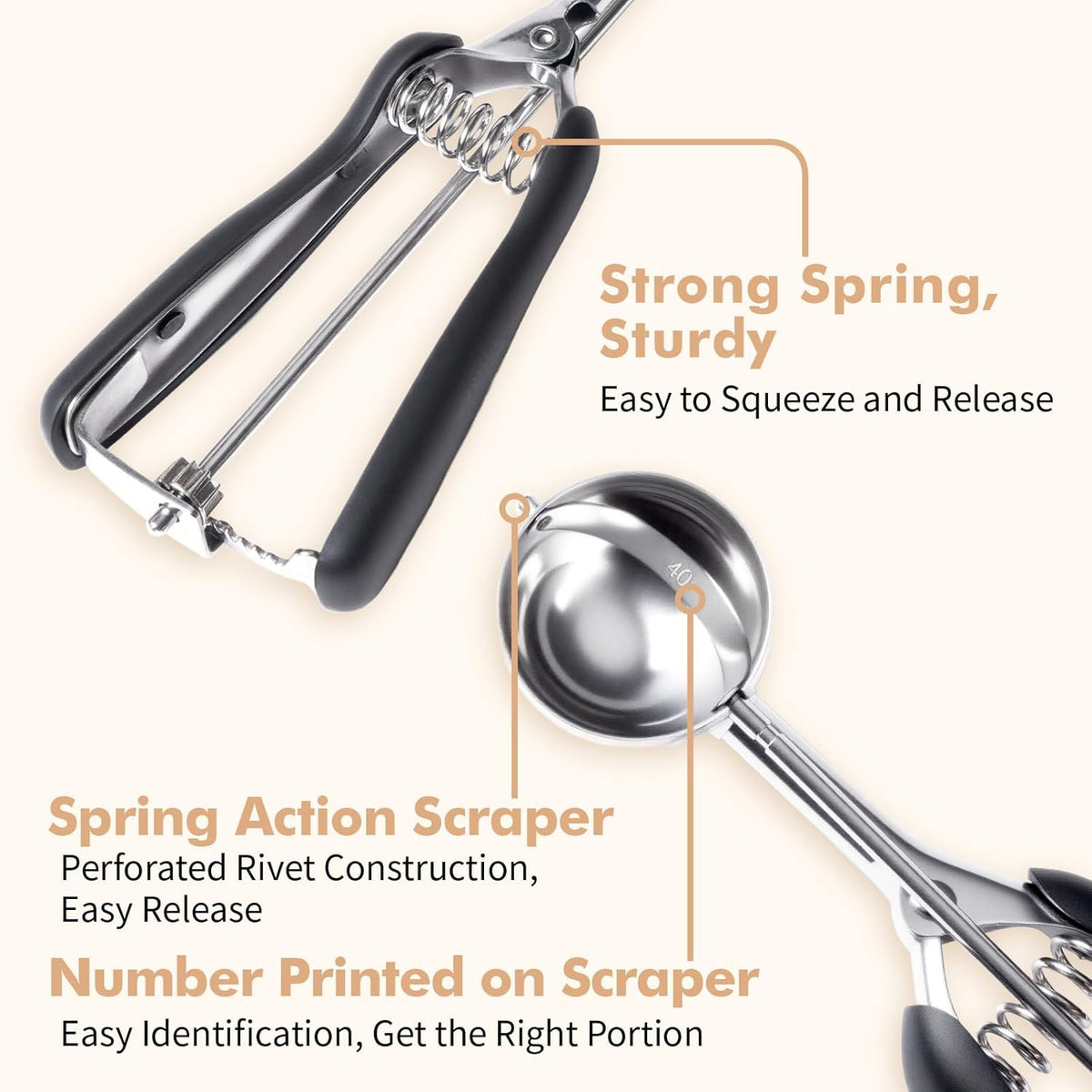 Cookie Scoop set, Cookie Scoops for Baking Set of 3, Size #60/ #40/ #20, Cookie Dough Scoop, Non-Slip Grip, Blue/Black/Mint Handle, For Cookies Muffin Cupcake Meatball Ice Cream