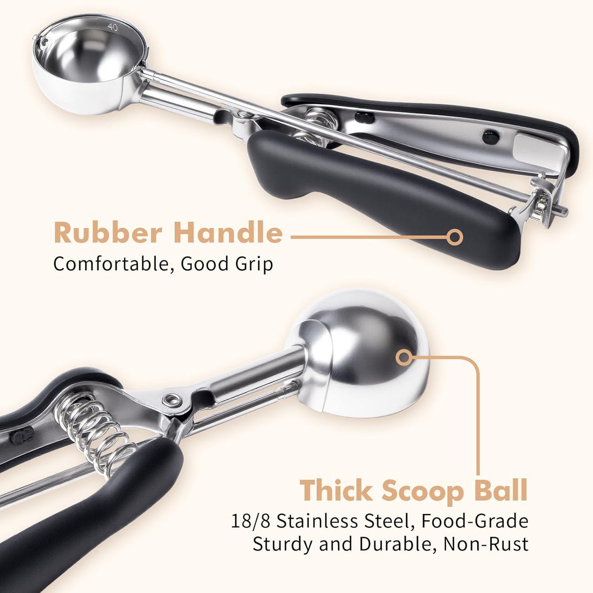 Cookie Scoop set, Cookie Scoops for Baking Set of 3, Size #60/ #40/ #20, Cookie Dough Scoop, Non-Slip Grip, Blue/Black/Mint Handle, For Cookies Muffin Cupcake Meatball Ice Cream