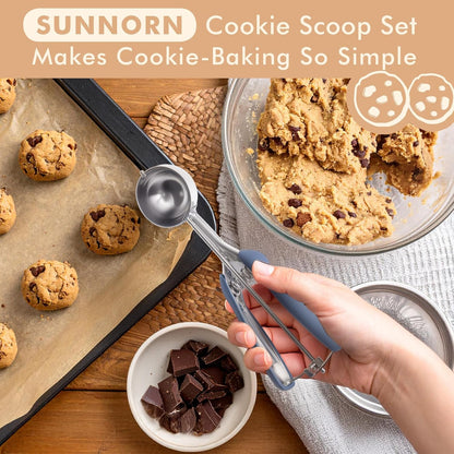 Cookie Scoop set, Cookie Scoops for Baking Set of 3, Size #60/ #40/ #20, Cookie Dough Scoop, Non-Slip Grip, Blue/Black/Mint Handle, For Cookies Muffin Cupcake Meatball Ice Cream