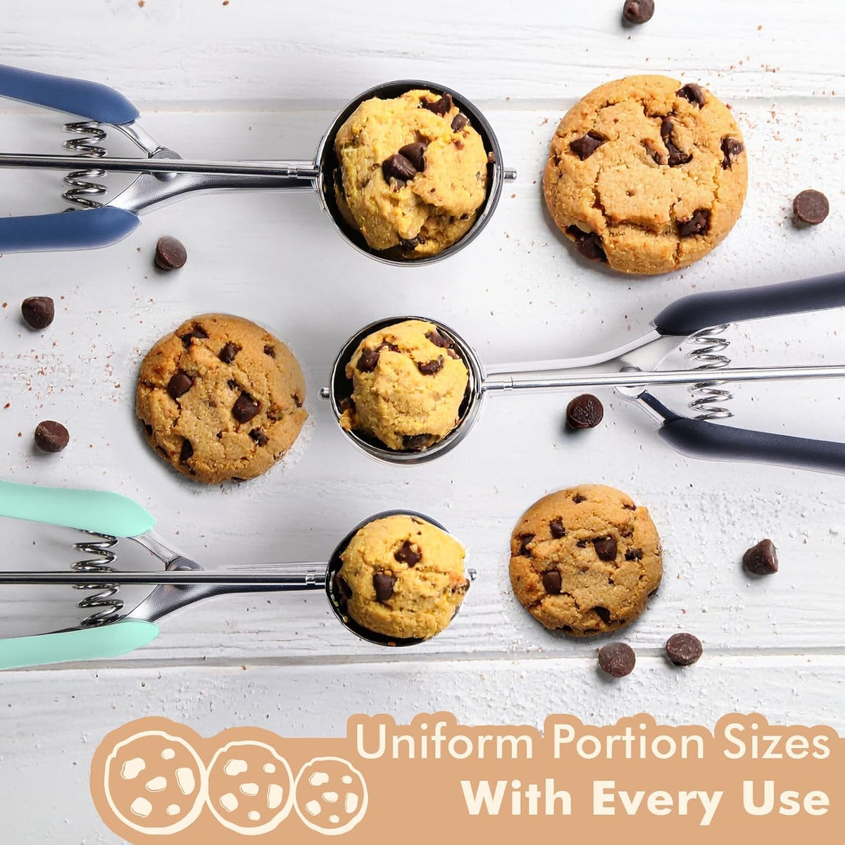 Cookie Scoop set, Cookie Scoops for Baking Set of 3, Size #60/ #40/ #20, Cookie Dough Scoop, Non-Slip Grip, Blue/Black/Mint Handle, For Cookies Muffin Cupcake Meatball Ice Cream