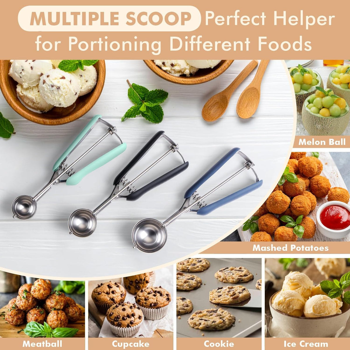 Cookie Scoop set, Cookie Scoops for Baking Set of 3, Size #60/ #40/ #20, Cookie Dough Scoop, Non-Slip Grip, Blue/Black/Mint Handle, For Cookies Muffin Cupcake Meatball Ice Cream