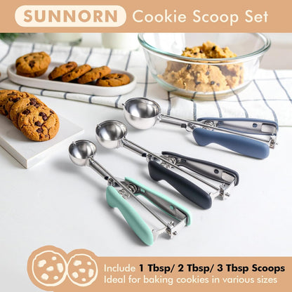 Cookie Scoop set, Cookie Scoops for Baking Set of 3, Size #60/ #40/ #20, Cookie Dough Scoop, Non-Slip Grip, Blue/Black/Mint Handle, For Cookies Muffin Cupcake Meatball Ice Cream