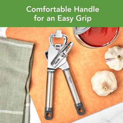 Can Opener Manual Heavy Duty 2 in 1 Stainless Steel with Bottle Opener Kitchen Tool Easy Turn Handle Charcoal Gray, Smooth Edge Safe Cut No Sharp Edges Manual Hand Held Can Opener for Tin Cans