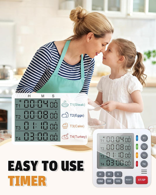 Digital Kitchen Timer - 4-Channel Cooking Timer with Alarm, Magnetic Back, Loud & Silent Modes, Count Up/Down, Ideal for ovens, Seniors, Kids and classrooms, Replaceable AAA Battery