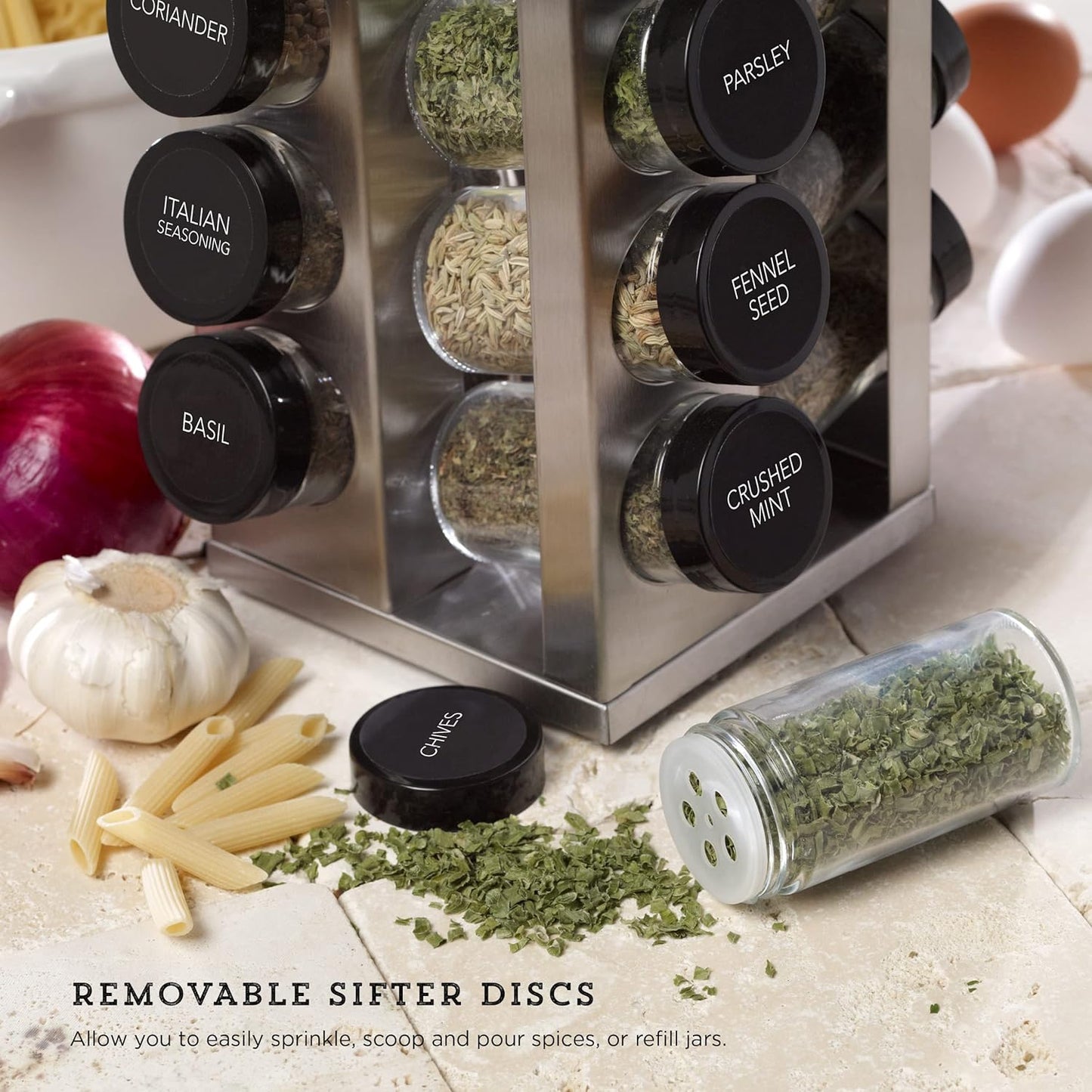 20 Jar Revolving Countertop Spice Rack with Spices Included, FREE Spice Refills for 5 Years, Polished Stainless Steel with Black Caps, 30020