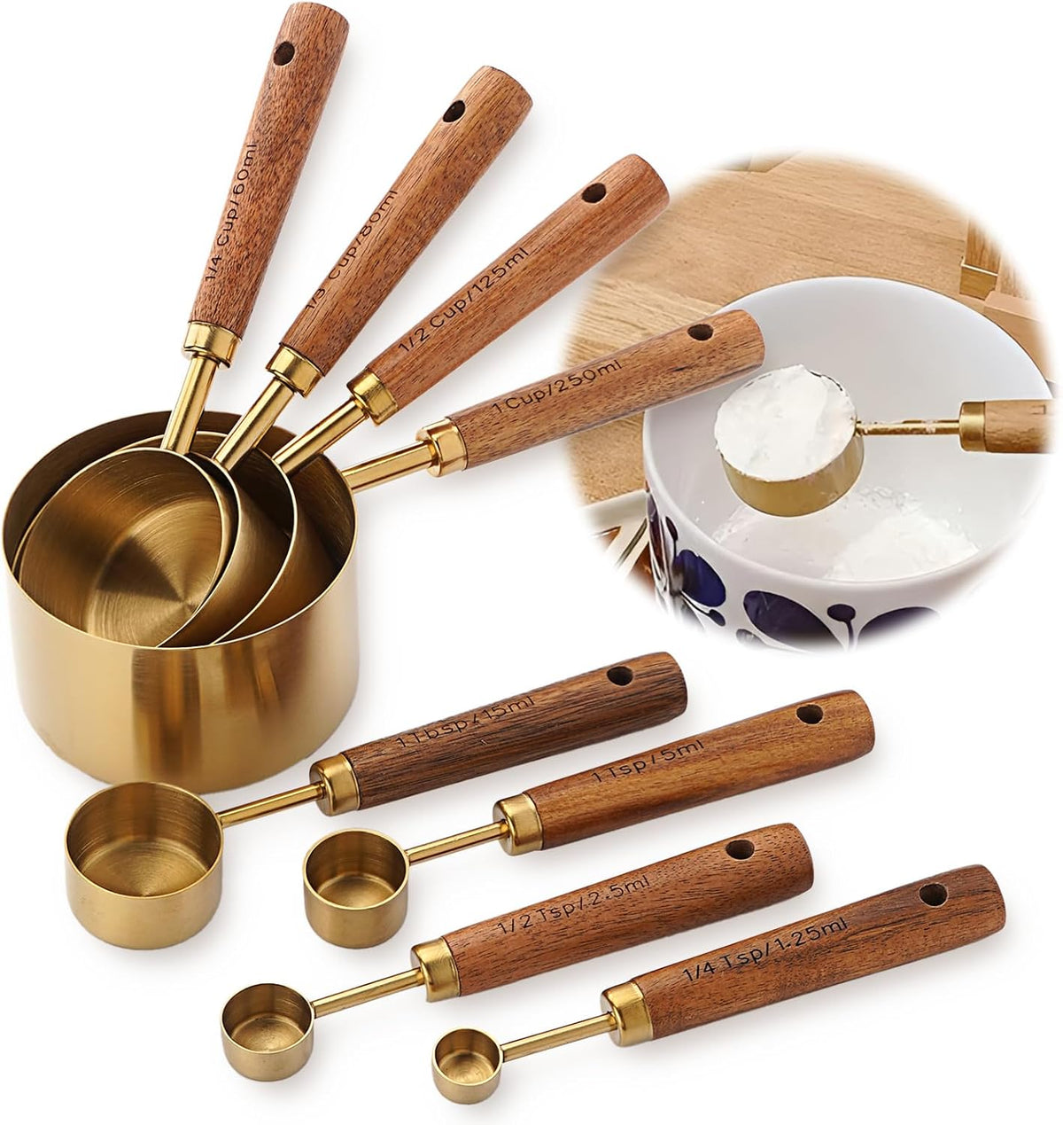 Premium Stainless Steel Measuring Cups and Spoons Set with Wood Handle
