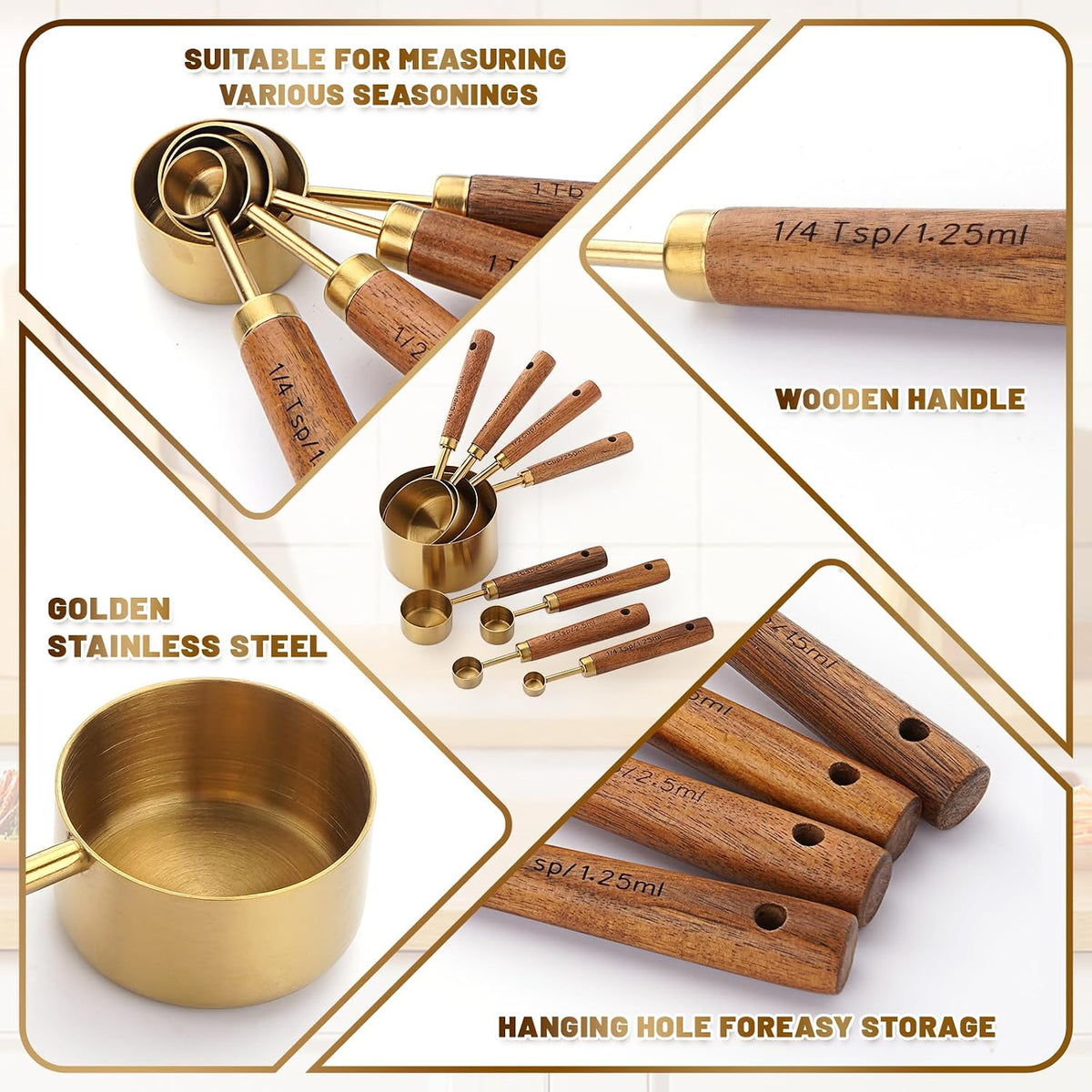 Premium Stainless Steel Measuring Cups and Spoons Set with Wood Handle
