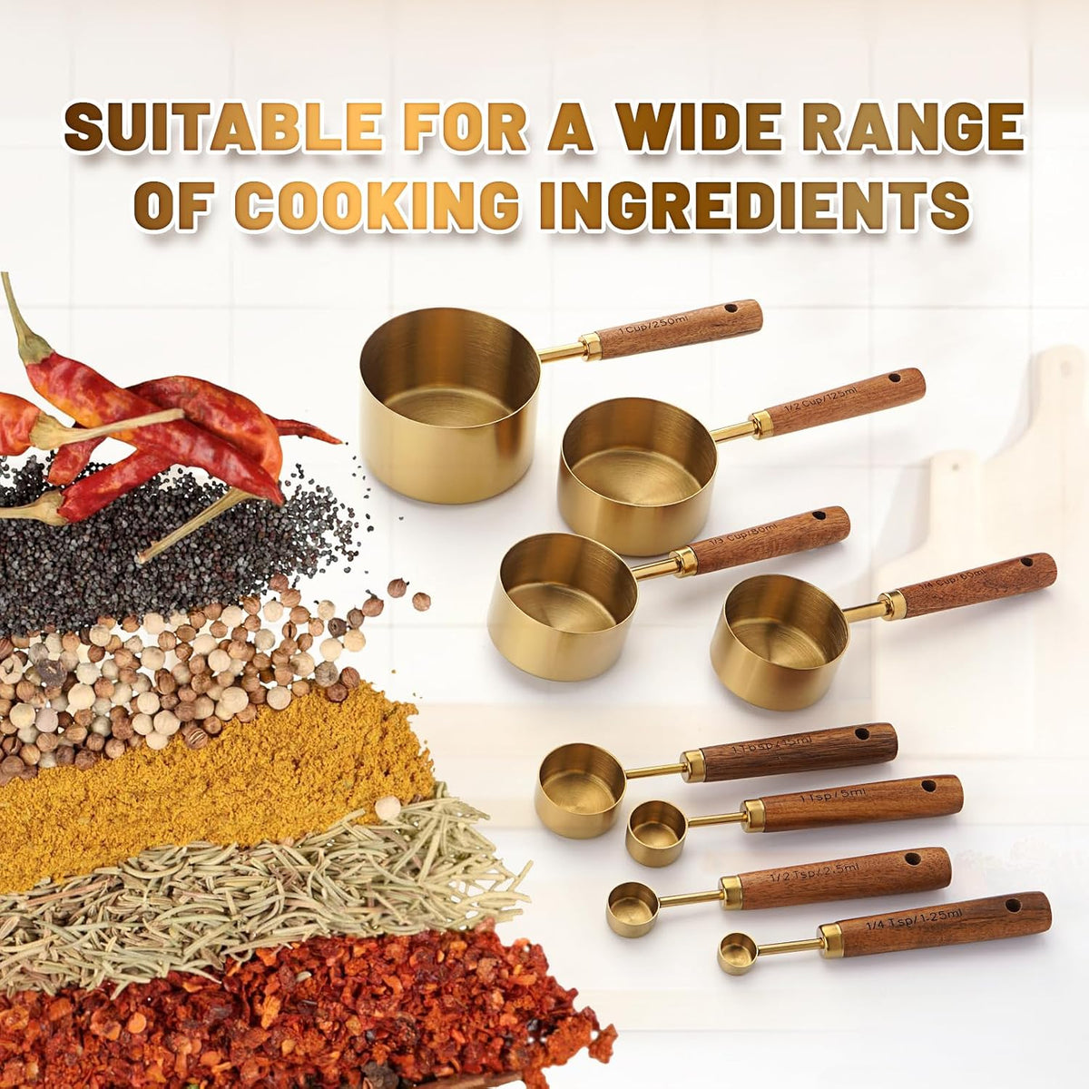 Premium Stainless Steel Measuring Cups and Spoons Set with Wood Handle