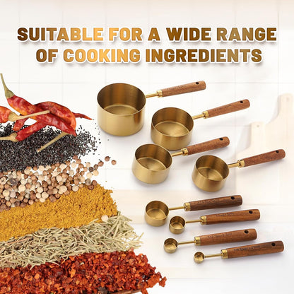 Premium Stainless Steel Measuring Cups and Spoons Set with Wood Handle
