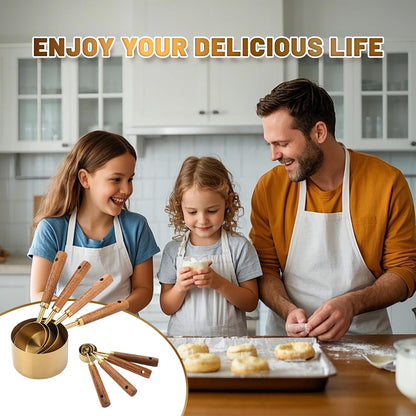 Premium Stainless Steel Measuring Cups and Spoons Set with Wood Handle