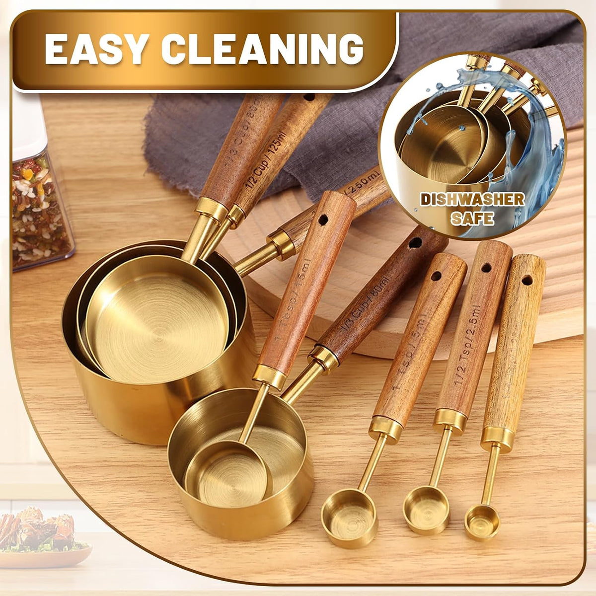 Premium Stainless Steel Measuring Cups and Spoons Set with Wood Handle