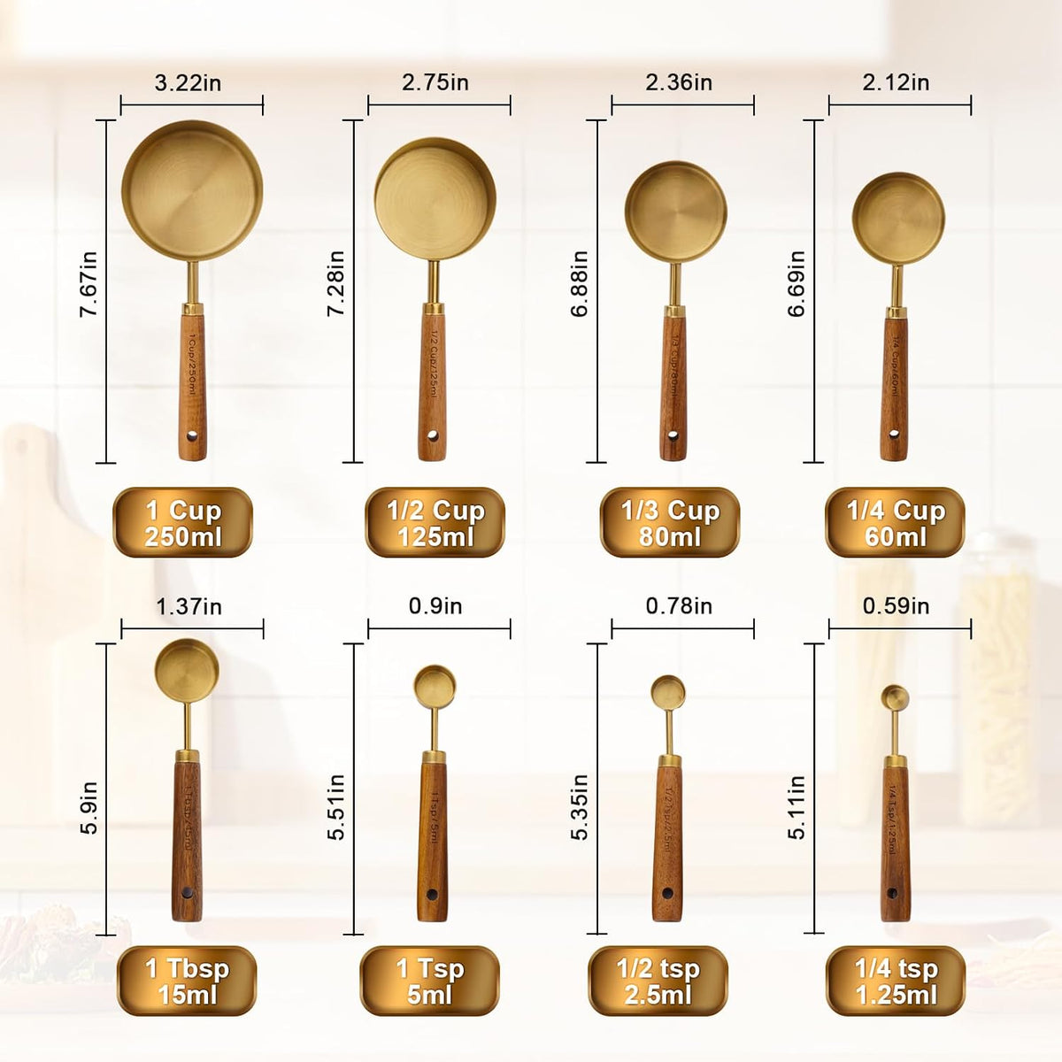 Premium Stainless Steel Measuring Cups and Spoons Set with Wood Handle