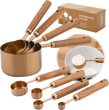 Premium Stainless Steel Measuring Cups and Spoons Set with Wood Handle