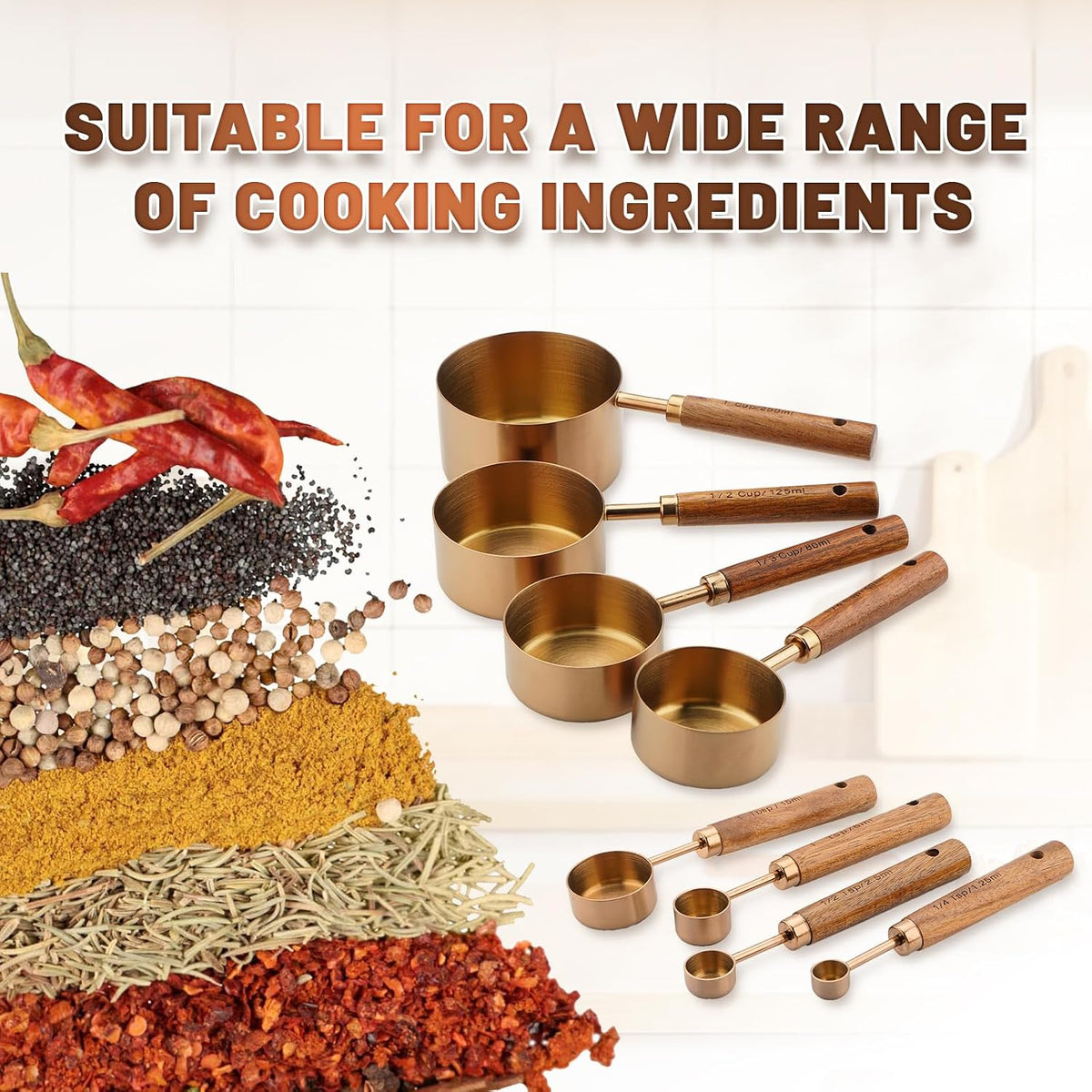 Premium Stainless Steel Measuring Cups and Spoons Set with Wood Handle