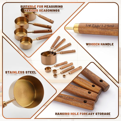 Premium Stainless Steel Measuring Cups and Spoons Set with Wood Handle