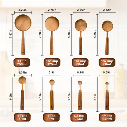 Premium Stainless Steel Measuring Cups and Spoons Set with Wood Handle