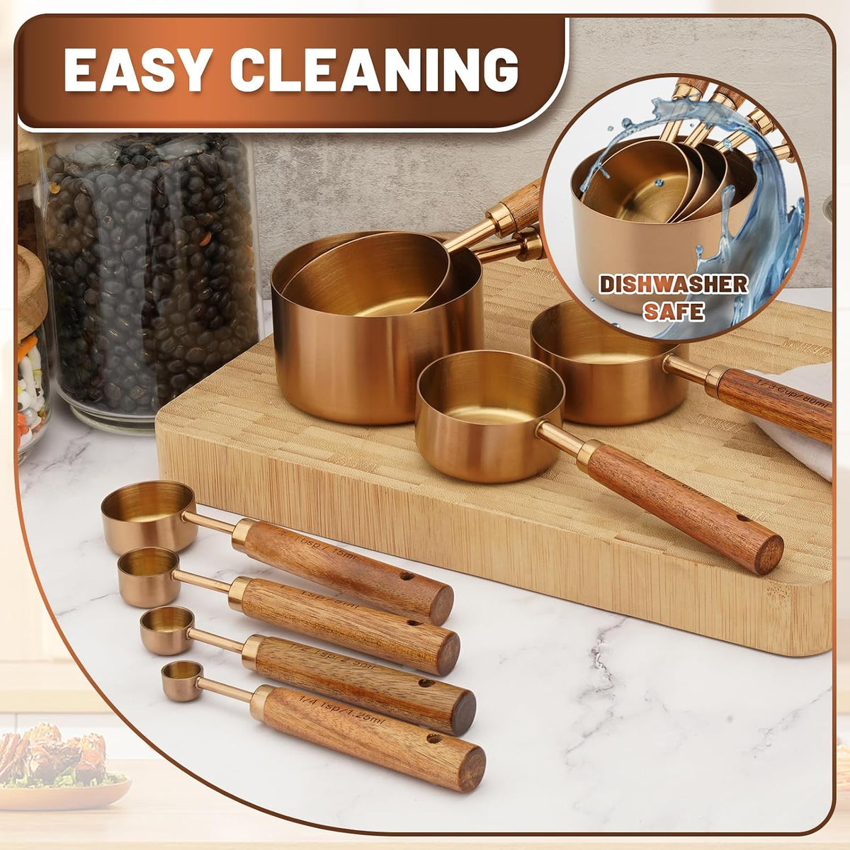 Premium Stainless Steel Measuring Cups and Spoons Set with Wood Handle