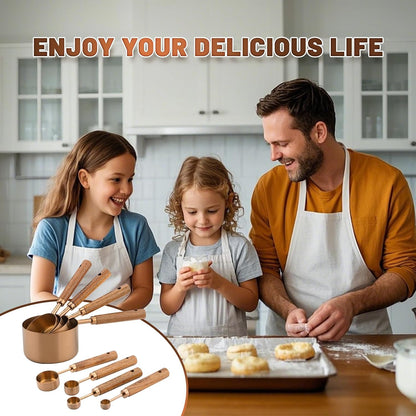 Premium Stainless Steel Measuring Cups and Spoons Set with Wood Handle
