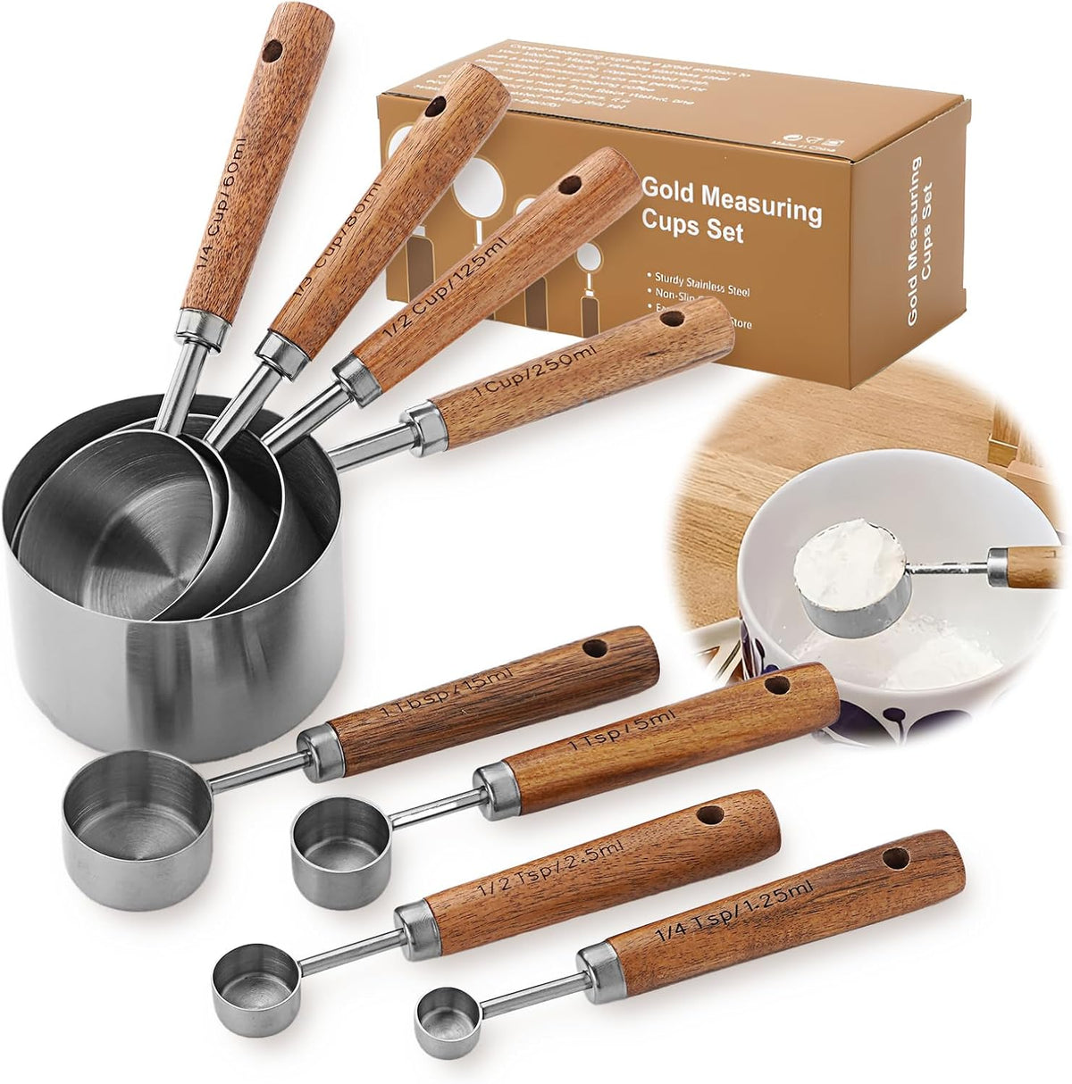 Premium Stainless Steel Measuring Cups and Spoons Set with Wood Handle