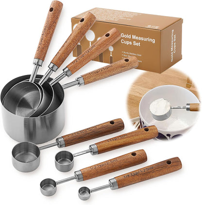 Premium Stainless Steel Measuring Cups and Spoons Set with Wood Handle