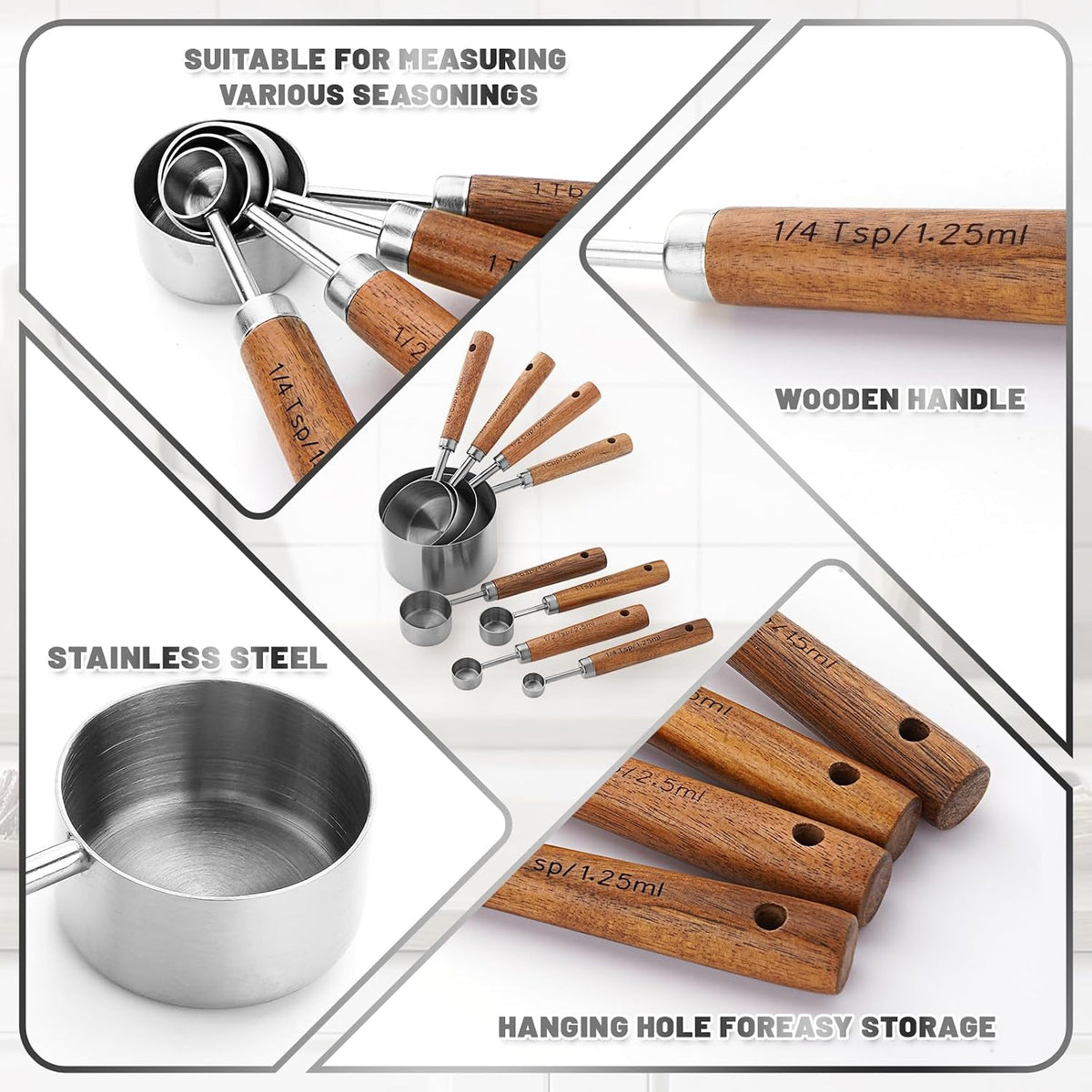 Premium Stainless Steel Measuring Cups and Spoons Set with Wood Handle