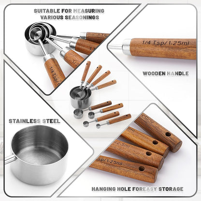 Premium Stainless Steel Measuring Cups and Spoons Set with Wood Handle