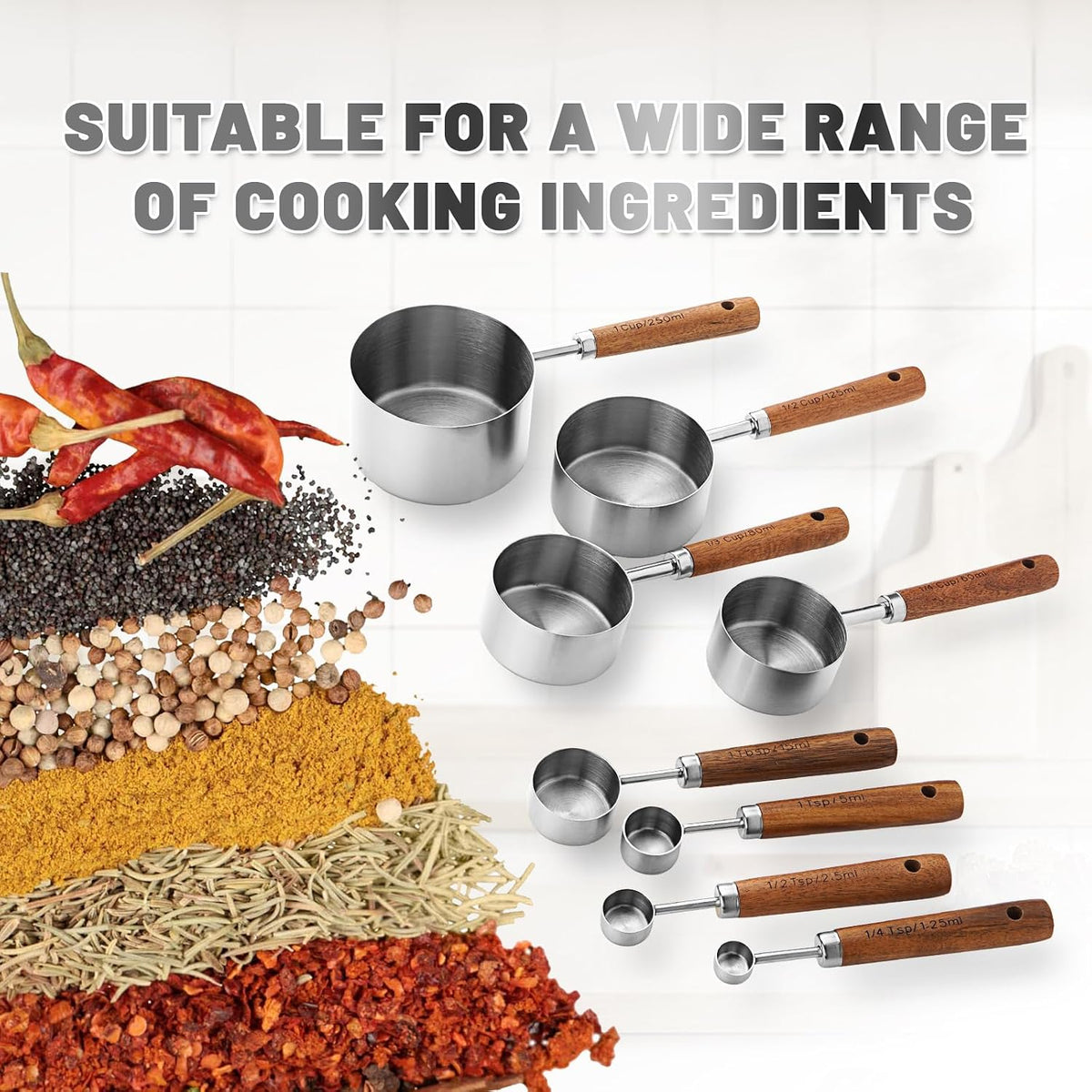 Premium Stainless Steel Measuring Cups and Spoons Set with Wood Handle