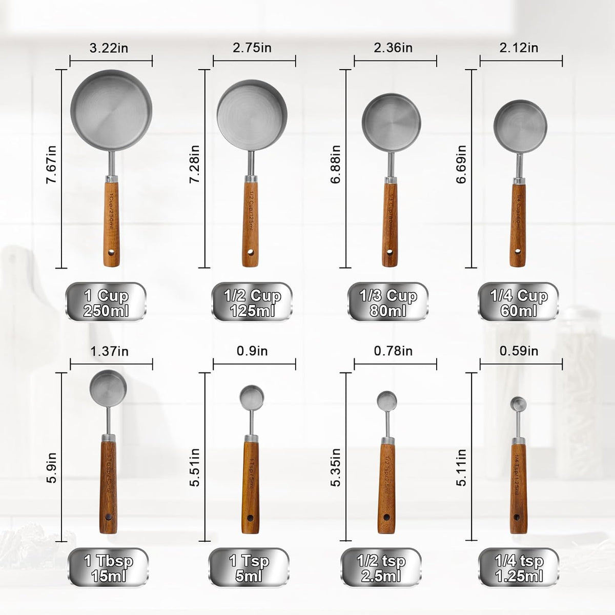 Premium Stainless Steel Measuring Cups and Spoons Set with Wood Handle