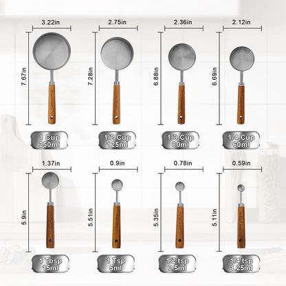Premium Stainless Steel Measuring Cups and Spoons Set with Wood Handle