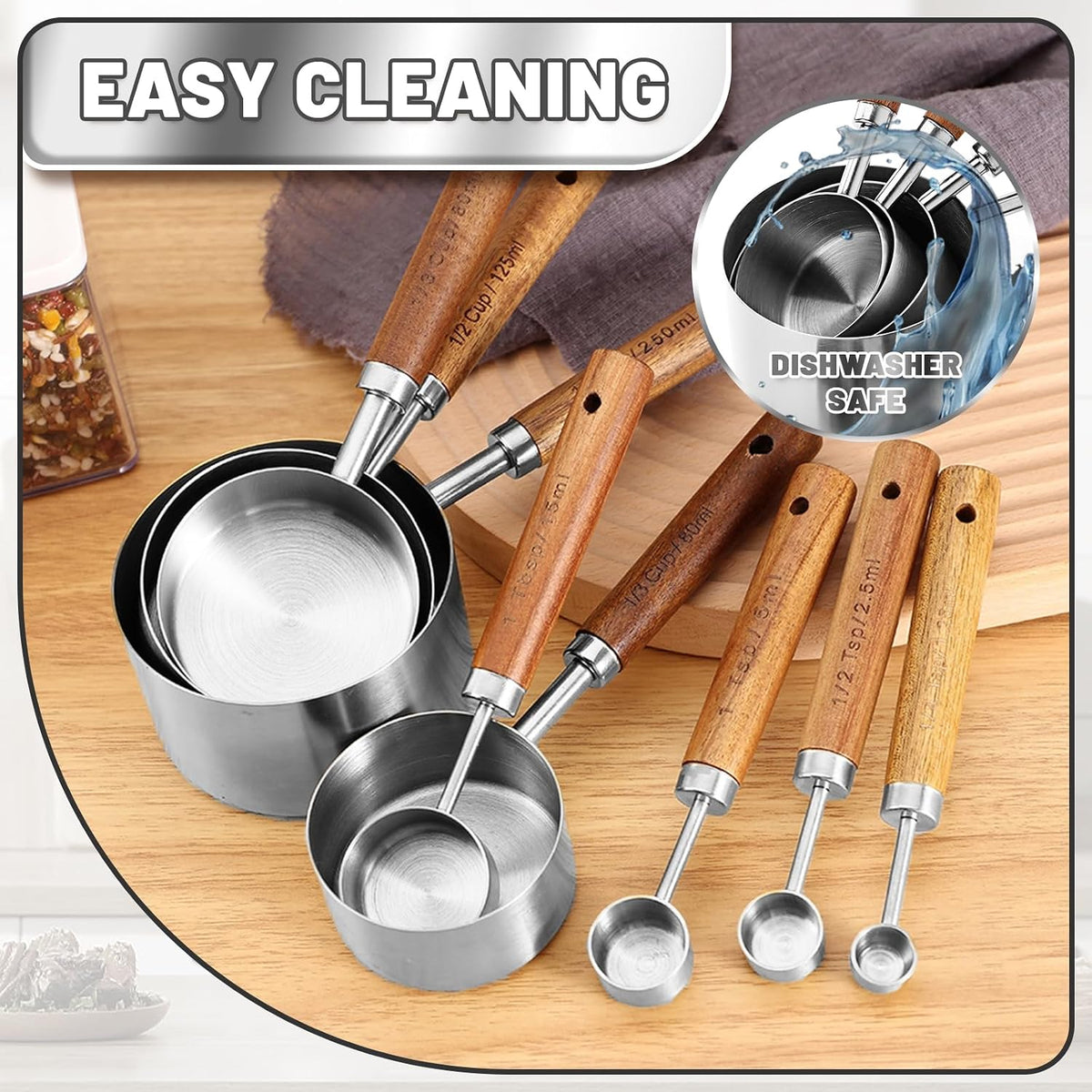 Premium Stainless Steel Measuring Cups and Spoons Set with Wood Handle