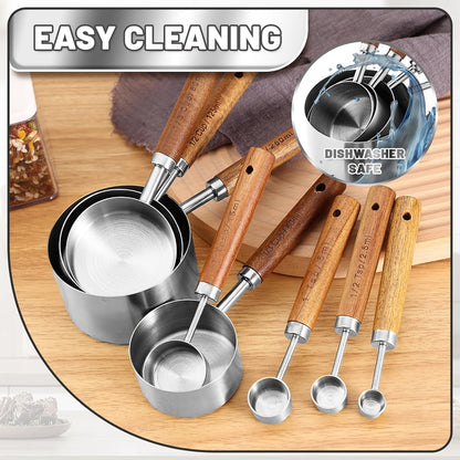 Premium Stainless Steel Measuring Cups and Spoons Set with Wood Handle