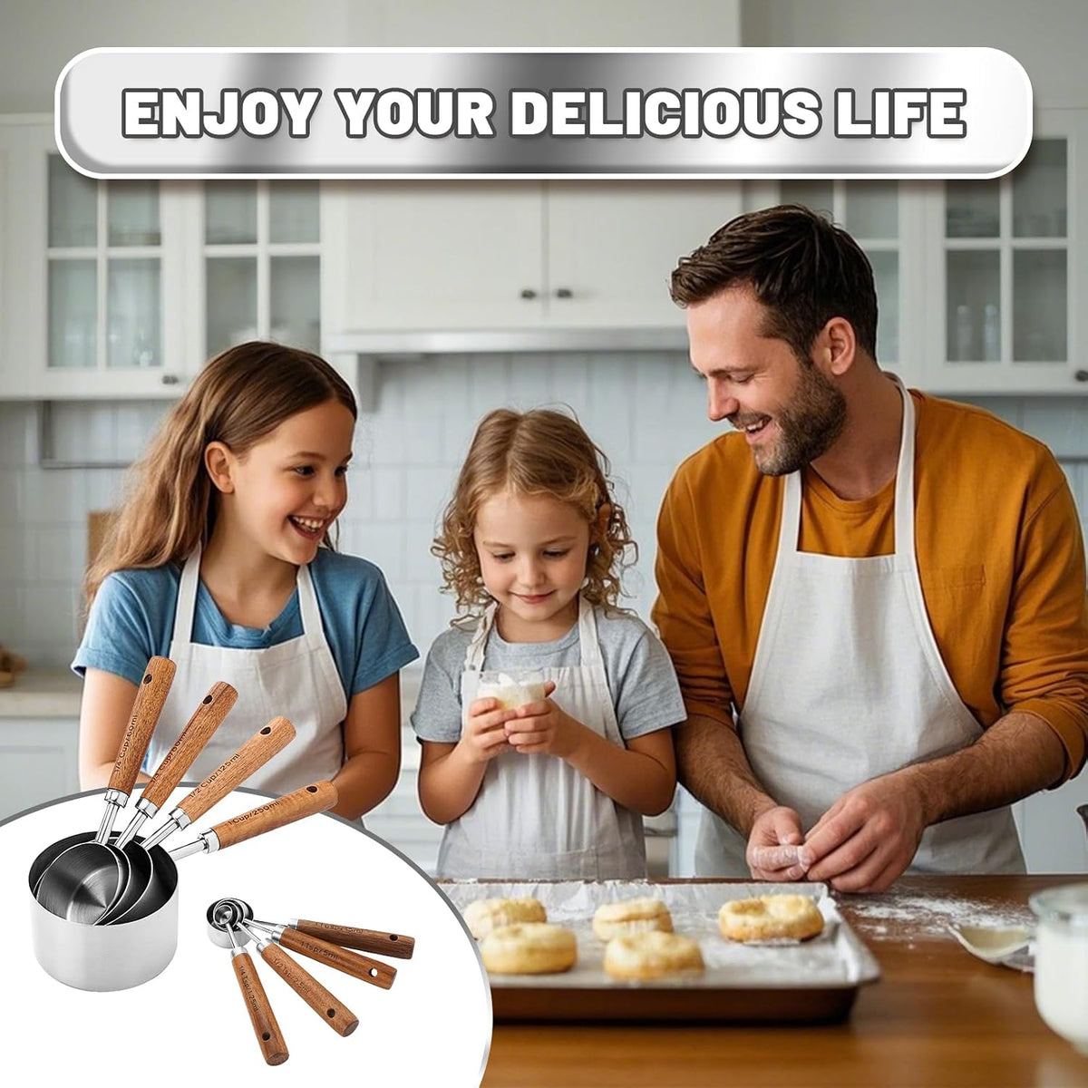 Premium Stainless Steel Measuring Cups and Spoons Set with Wood Handle