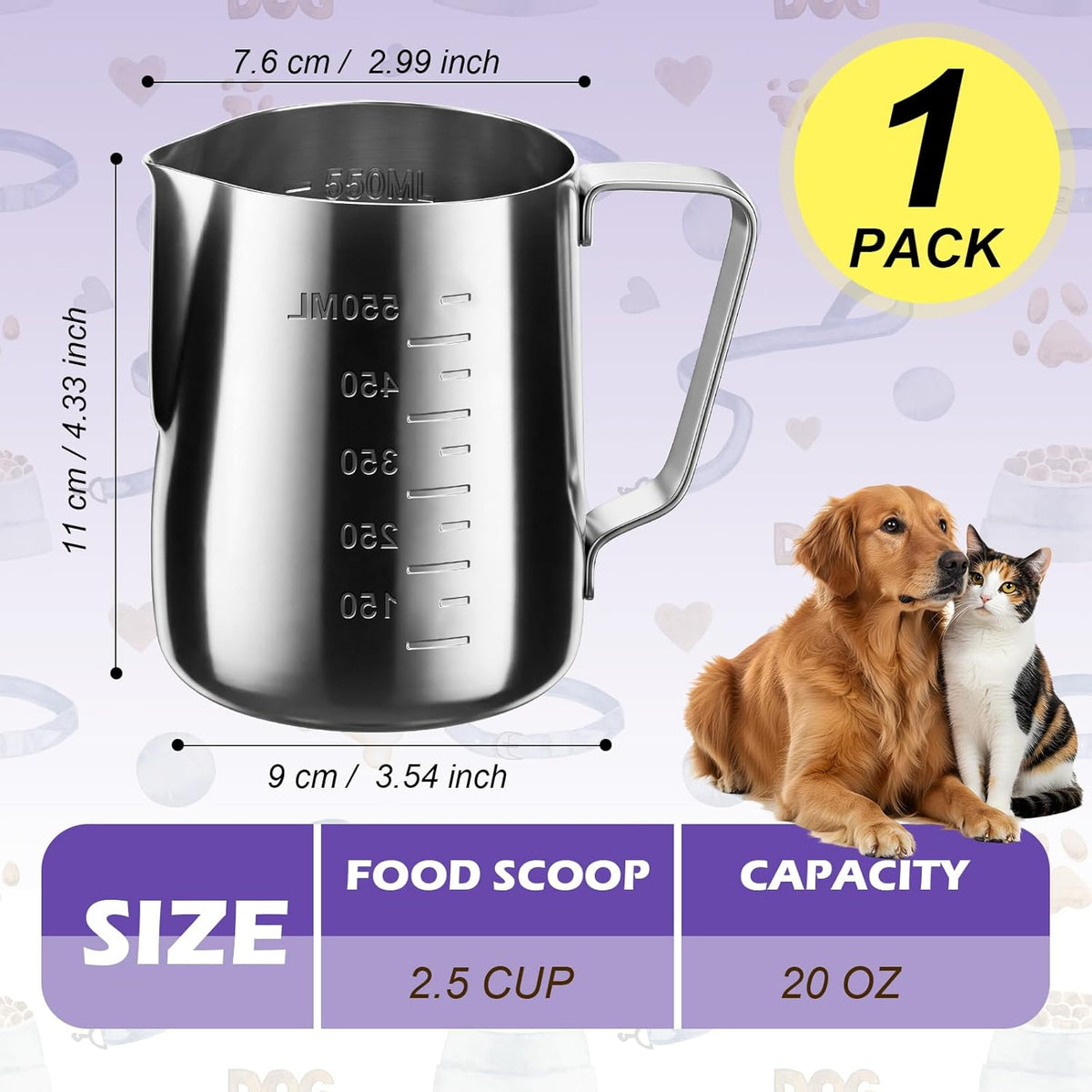 2.5 Cup Dog Food Scoop Stainless Steel Dog Food Measuring Cups Pet Food Scoop with Precision Scale for Dogs Cats