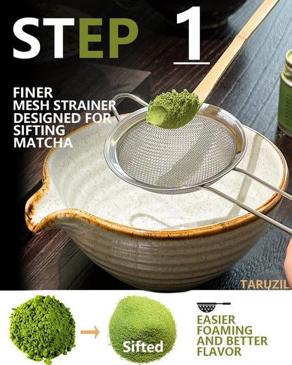 Matcha Whisk Set with Matcha Bowl, Matcha Bamboo Whisk, Scoop, Sifter, Matcha Whisk Holder Unique Gifts for Women Men Girl Friend Home Kitchen Decor Gifts for Christmas, Birthday,Halloween