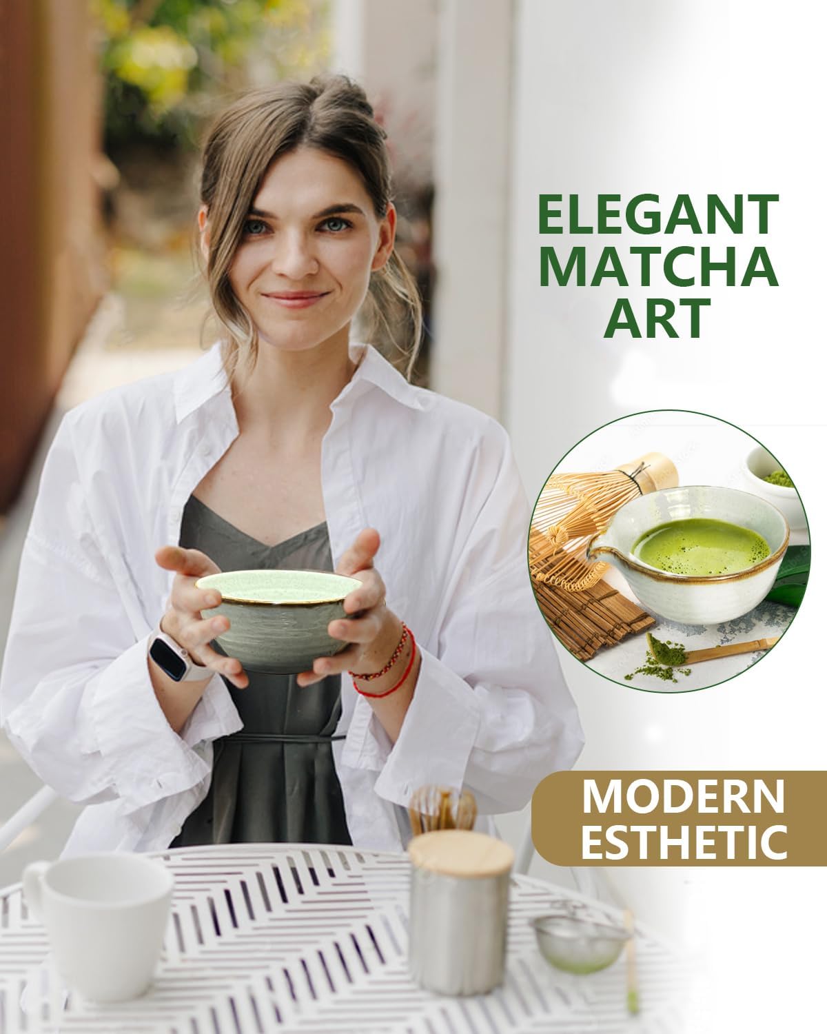 Matcha Whisk Set with Matcha Bowl, Matcha Bamboo Whisk, Scoop, Sifter, Matcha Whisk Holder Unique Gifts for Women Men Girl Friend Home Kitchen Decor Gifts for Christmas, Birthday,Halloween