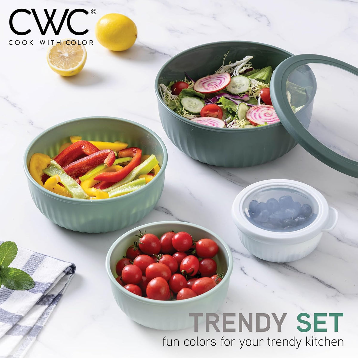 Prep Bowls with Lids- Wide and Deep Nesting Plastic Small Mixing Bowl Set with Lids, - Wide Bowls, Sage