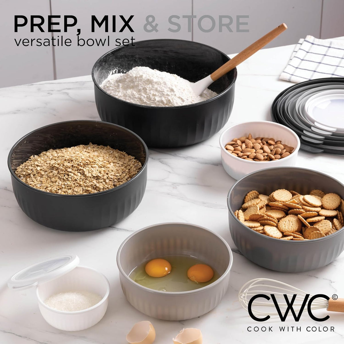 Prep Bowls with Lids- Wide and Deep Nesting Plastic Small Mixing Bowl Set with Lids, - Wide Bowls, Sage