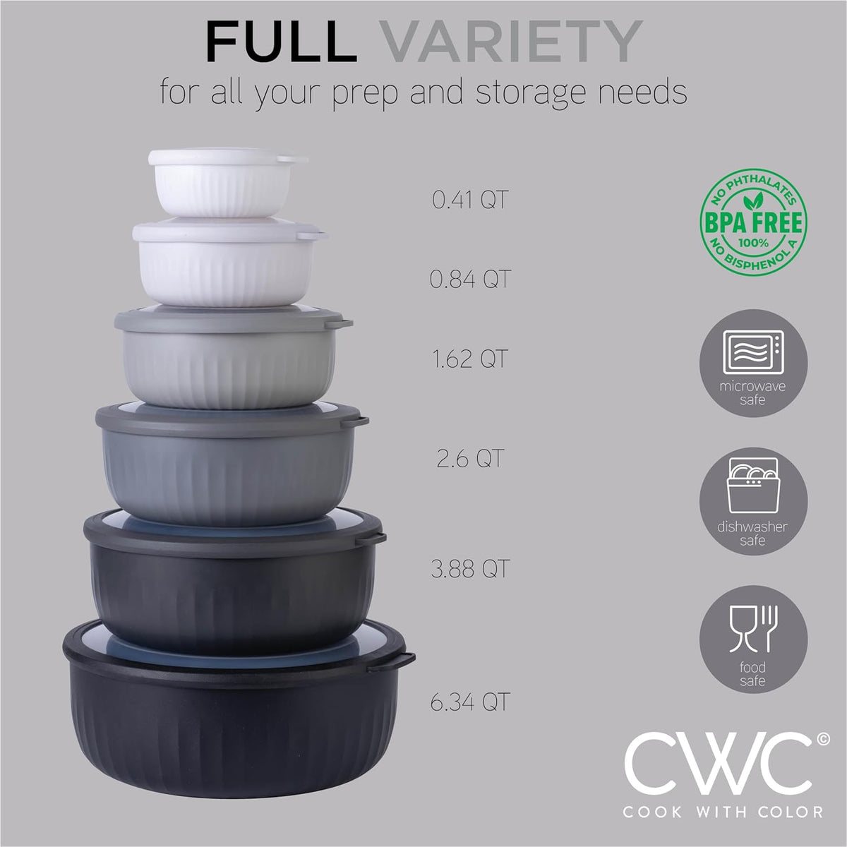 Prep Bowls with Lids- Wide and Deep Nesting Plastic Small Mixing Bowl Set with Lids, - Wide Bowls, Sage