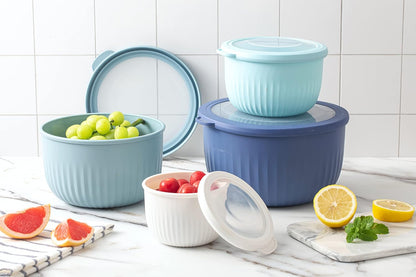 Prep Bowls with Lids- Wide and Deep Nesting Plastic Small Mixing Bowl Set with Lids, - Wide Bowls, Sage