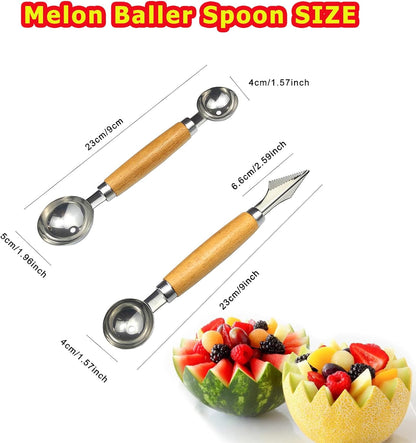 Melon Baller Scoop Stainless Steel Double-Ended Melon Baller Set with Wooden Handle, Fruit Carving Tools Fruit Cutter Shapes