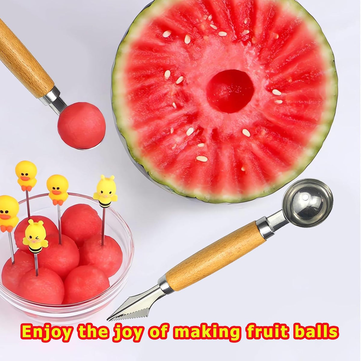 Melon Baller Scoop Stainless Steel Double-Ended Melon Baller Set with Wooden Handle, Fruit Carving Tools Fruit Cutter Shapes