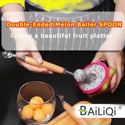 Melon Baller Scoop Stainless Steel Double-Ended Melon Baller Set with Wooden Handle, Fruit Carving Tools Fruit Cutter Shapes