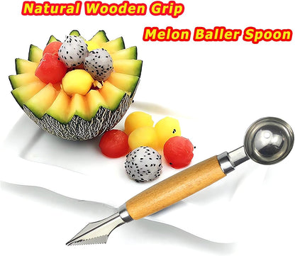 Melon Baller Scoop Stainless Steel Double-Ended Melon Baller Set with Wooden Handle, Fruit Carving Tools Fruit Cutter Shapes