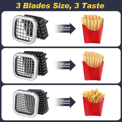 3Pcs French Fry Cutter, Professional Potato Cutter Slicer with 1/2 In & 3/8 In & 1/4 In Stainless Steel Blades, Great for Whole Potatoes Carrots Cucumbers.