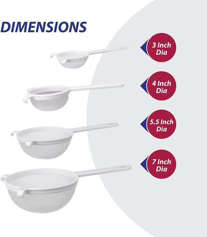 Kitchen Double-Ear Fine Mesh Strainers, BPA Free, Set of 4 Sizes Includes 3, 4, 5.5, and 7-Inch Diameter