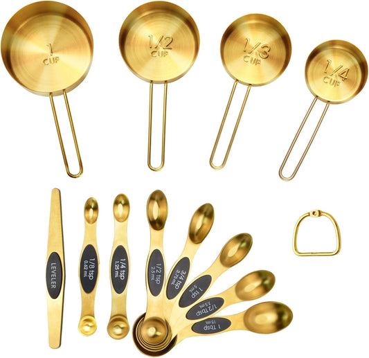 Gold Measuring Cups and Spoons Set of 12，8 Magnetic Measuring Spoons set with Leveler，4 Premium Stainless Steel Gold Measuring Cups，Measuring for Dry & Liquid Cooking Baking for Kitchen