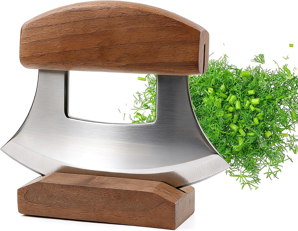 Ulu Knife, Sharp Rocker Mezzaluna Knife with Wooden Stand for Salad, Vegetables, Pizza Cutter Rocker, Mezzaluna Chopper, Super Sharp Blade, Small