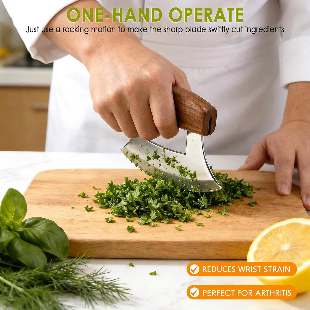 Ulu Knife, Sharp Rocker Mezzaluna Knife with Wooden Stand for Salad, Vegetables, Pizza Cutter Rocker, Mezzaluna Chopper, Super Sharp Blade, Small